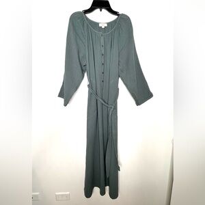 Loft Gauzy Maxi Dress S Green Crinkle Peasant Sleeve 100% Cotton Tie Waist Beach